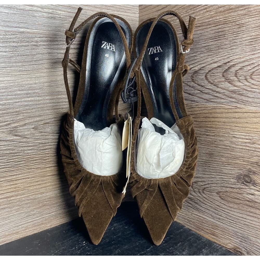 Zara NWT Brown Velvet Ruched Pointed Toe Slingback Kitten Heels 7.5 - Picture 11 of 16